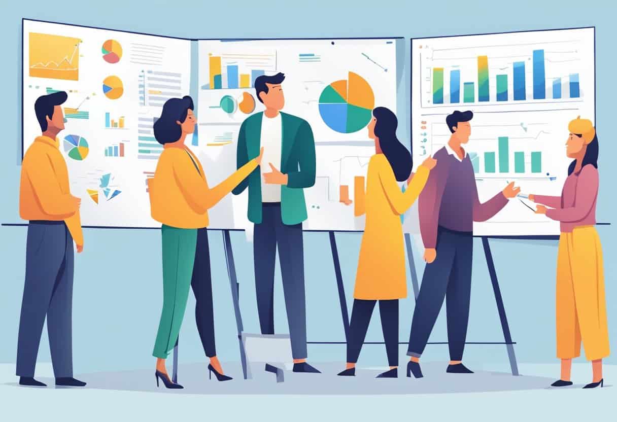 People discussing charts and graphs on whiteboards in a business meeting room.