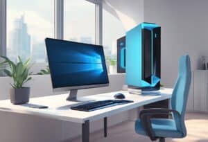Modern computer setup with a large monitor displaying Windows logo, sleek tower case, keyboard, and mouse on a white desk. Blue office chair and potted plants are nearby.