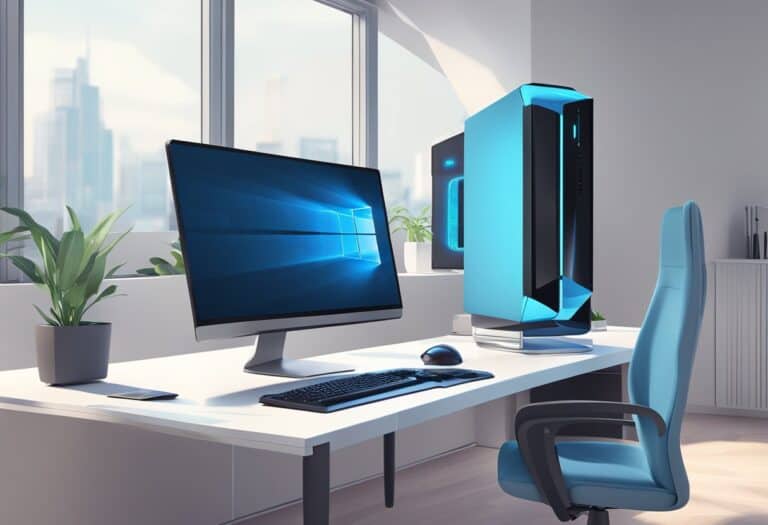 Modern computer setup with a large monitor displaying Windows logo, sleek tower case, keyboard, and mouse on a white desk. Blue office chair and potted plants are nearby.