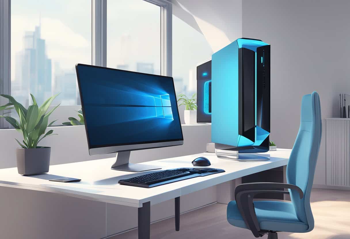 Modern computer setup with a large monitor displaying Windows logo, sleek tower case, keyboard, and mouse on a white desk. Blue office chair and potted plants are nearby.
