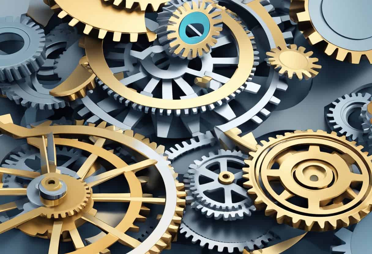 A group of interconnected gears turning in unison, representing the complex and dynamic nature of assessing project and change effort pct model