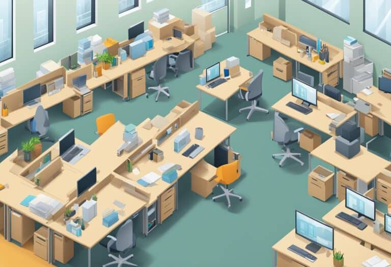 A modern office with several desks, computers, chairs, and office supplies. The room has large windows and a green carpet.