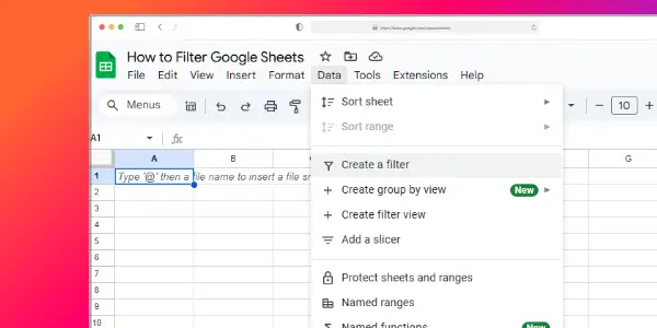 A Google Sheets window showing a dropdown menu open with options like "Sort sheet" and "Create a filter." A cell is highlighted in the spreadsheet.