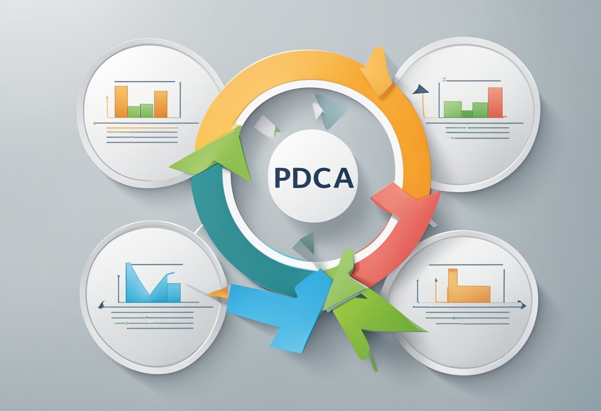 Diagram illustrating the PDCA cycle with four color-coded arrows forming a circle. Surrounding charts show various data visualizations.