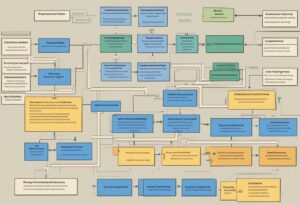 Flowchart with various interconnected colored boxes containing text in different languages, illustrating complex relationships or processes.