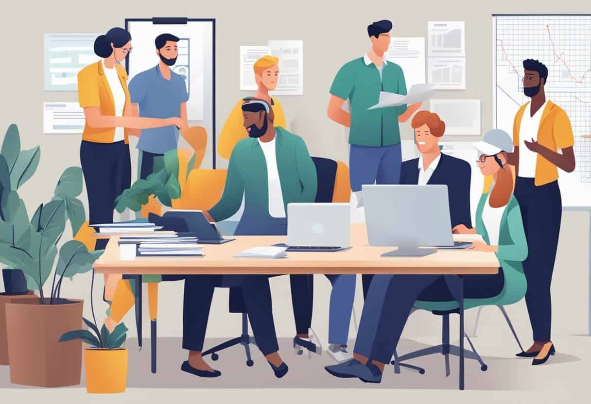A group of employees working together in a collaborative and supportive environment, with clear communication and a sense of purpose and direction