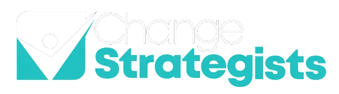 Logo with a stylized checkmark and circle icon on the left, accompanied by the text "Change Strategists" in white and teal.