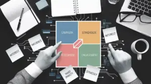 Two hands point to a colorful stakeholder management diagram on a desk, surrounded by sticky notes labeled interest, influence, strategy, and other related terms.