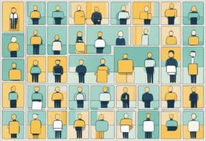 Grid of abstract human figures in individual rectangles, depicted in minimalistic style with shades of yellow, teal, and white. Each figure is isolated within its own box.