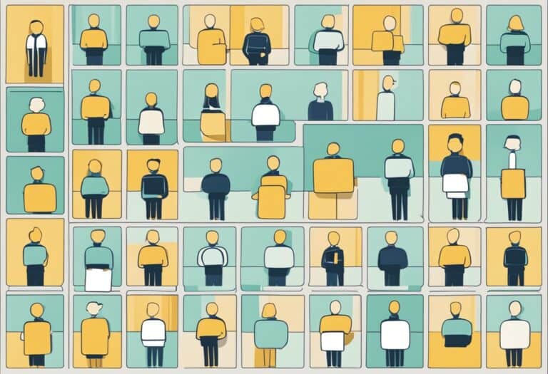 Grid of abstract human figures in individual rectangles, depicted in minimalistic style with shades of yellow, teal, and white. Each figure is isolated within its own box.