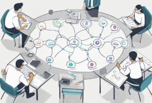 Four people sit around a round table with a mind map diagram at the center, working on documents and laptops, representing a collaborative planning or brainstorming session.