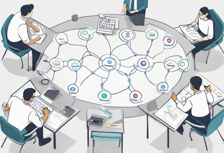 Four people sit around a round table with a mind map diagram at the center, working on documents and laptops, representing a collaborative planning or brainstorming session.