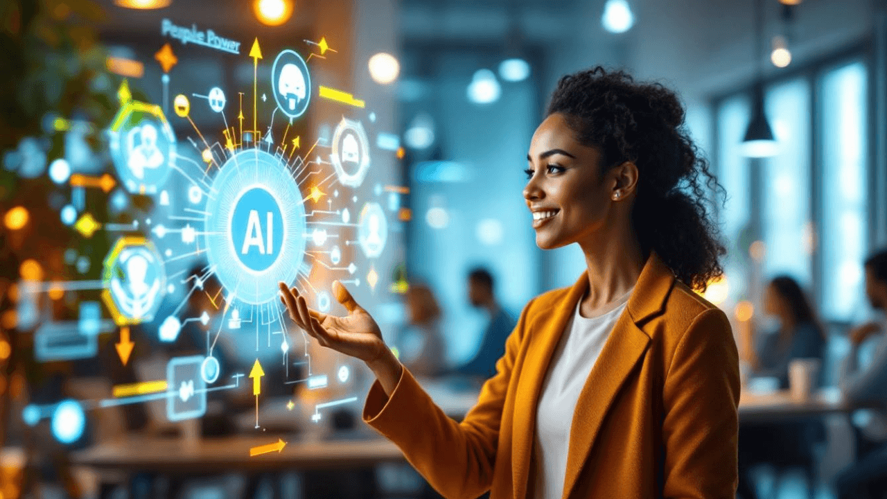 A woman in a modern office interacts with a virtual AI interface displaying icons and data, suggesting technology and innovation.