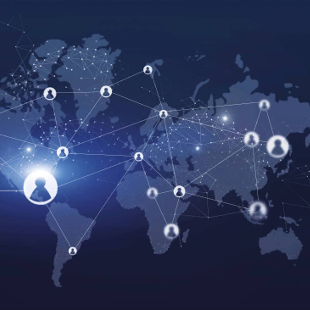 A world map with user icons connected by lines, representing a global network and digital communication across different continents.
