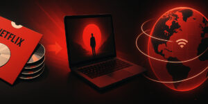 A stack of Netflix DVDs transitions to a laptop streaming a show, with a glowing globe and Wi-Fi symbol in the background, symbolizing the shift from physical media to online streaming.