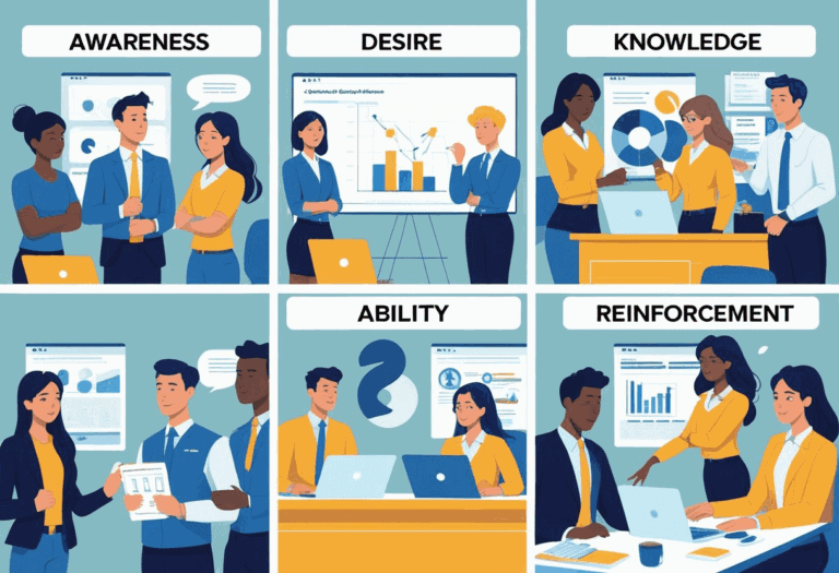 Six panels depict business professionals discussing charts and data, each labeled: Awareness, Desire, Knowledge, Ability, Reinforcement, representing stages of a professional development process.