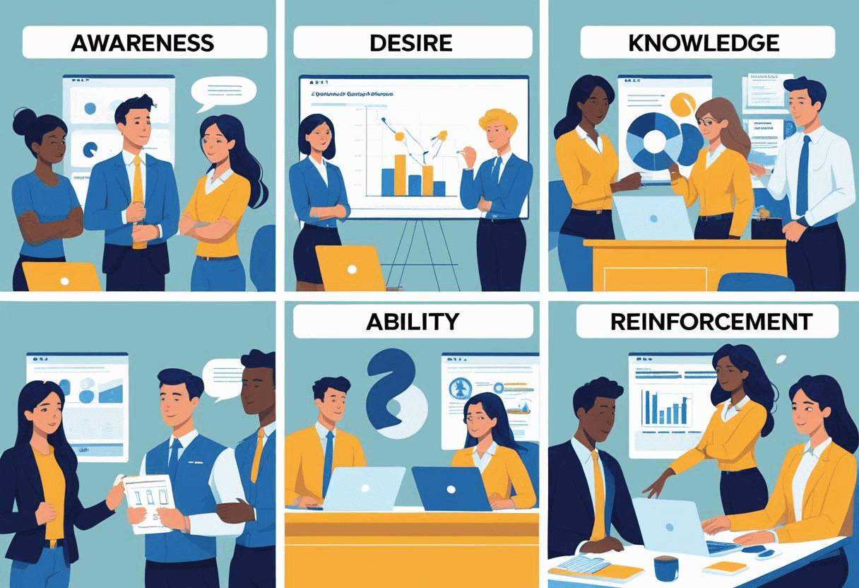 Six panels depict business professionals discussing charts and data, each labeled: Awareness, Desire, Knowledge, Ability, Reinforcement, representing stages of a professional development process.