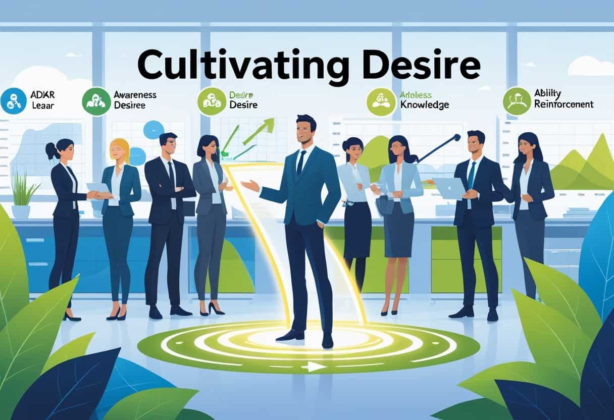 A group of business professionals collaborating in an office, with a leader showing a glowing pathway symbolizing motivation and teamwork around them.