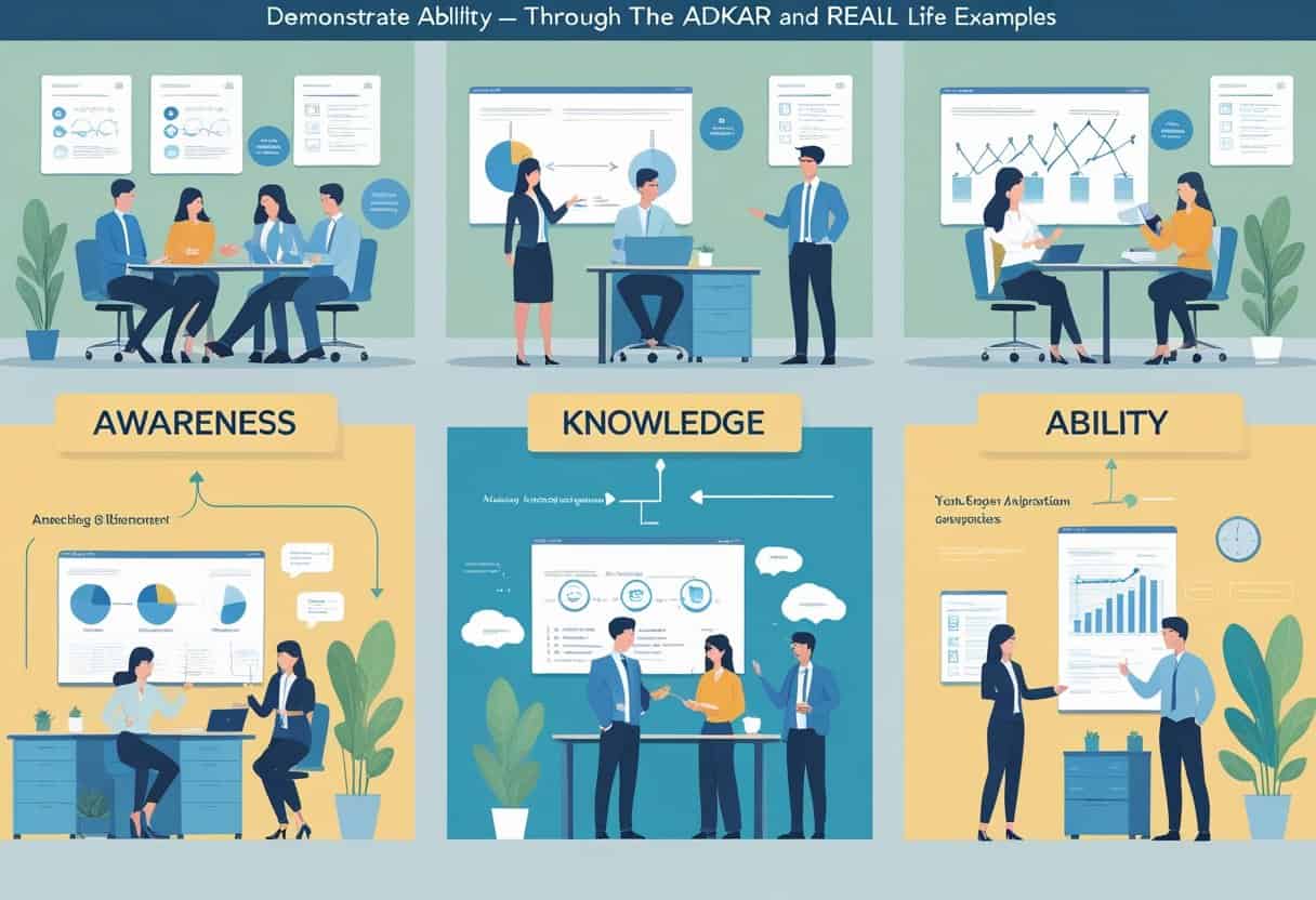 Five scenes showing business professionals working through stages of change: discussing plans, showing motivation, learning, applying skills, and receiving positive feedback in an office setting.