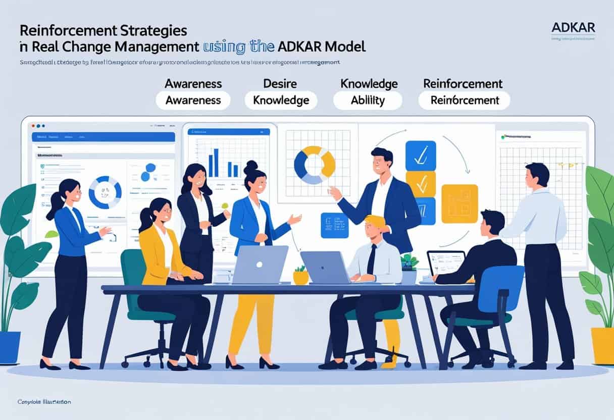 A group of business professionals working together in an office, illustrating different stages of change management with activities like presenting, training, applying skills, and giving feedback.