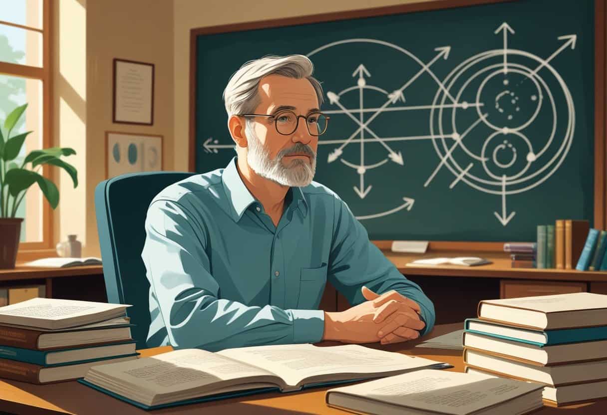 Portrait of a middle-aged man with glasses and beard sitting at a desk with books and papers, with diagrams on a chalkboard behind him in an academic office.