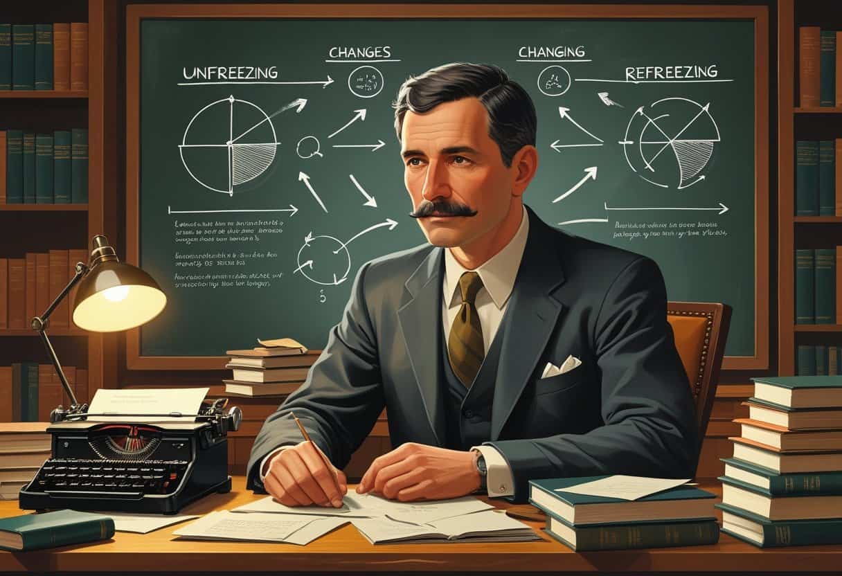 A man in a suit sitting at a desk with books and a chalkboard behind him showing diagrams.