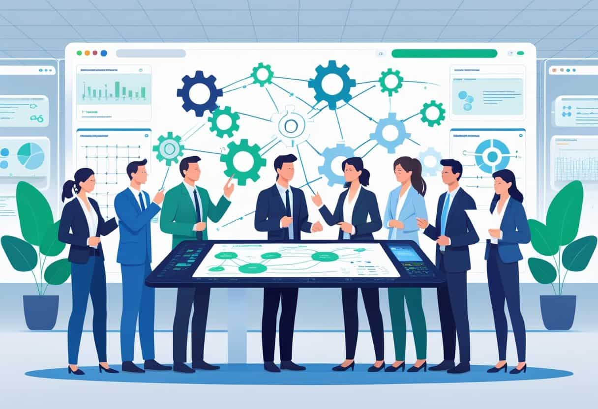 A group of business professionals in formal attire discuss data and strategy around a large digital table, with graphs and network diagrams displayed on screens in the background.