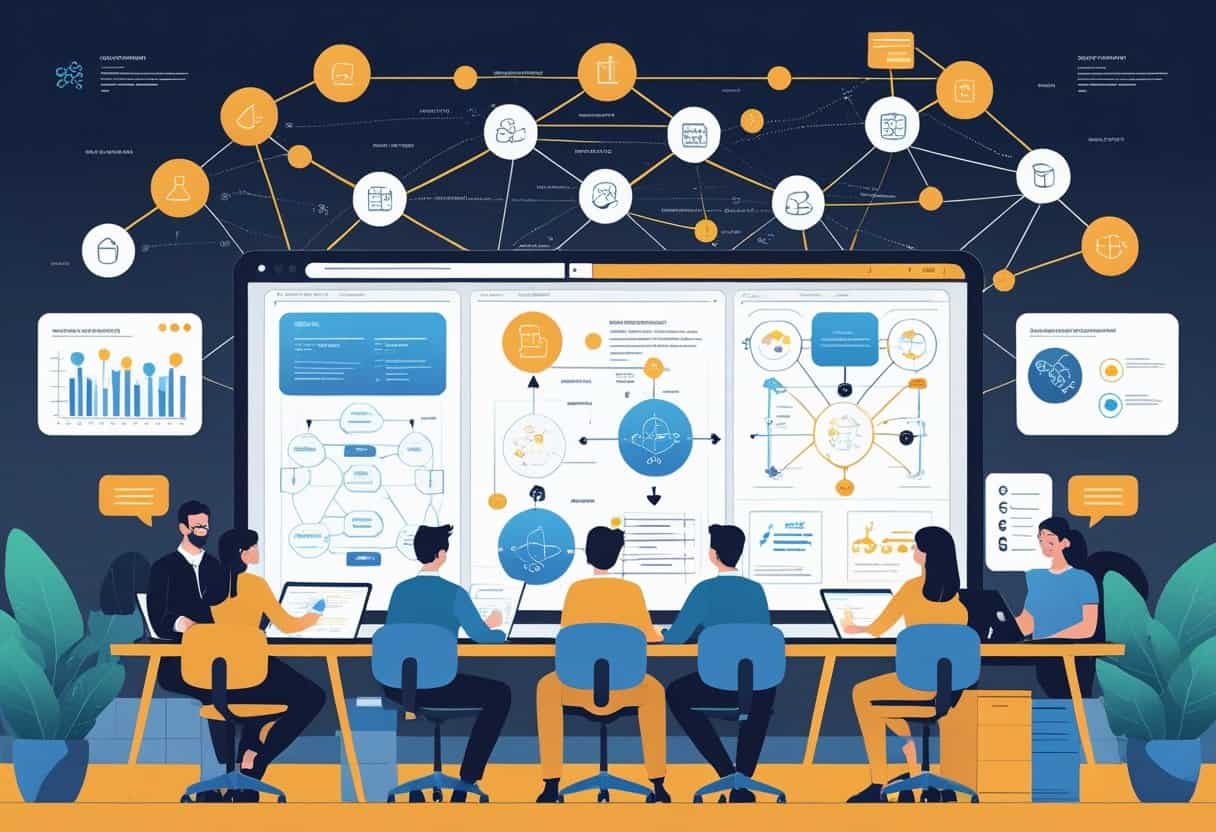 A group of people working together around a digital display showing diagrams and flowcharts representing open-source change management.