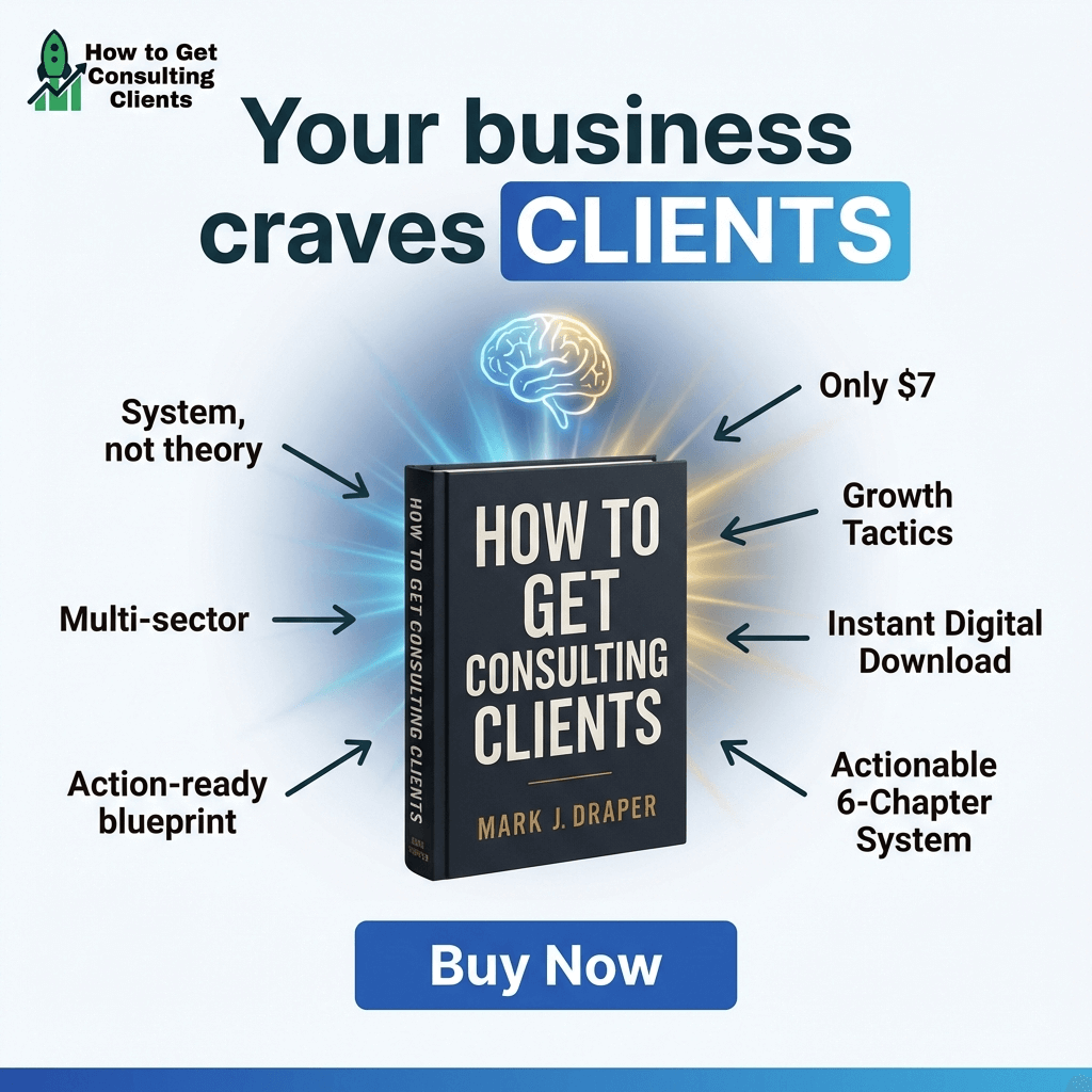 Image of a book titled "How to Get Consulting Clients" by Mark J. Draper, with arrows highlighting features like growth tactics, action-ready blueprint, and instant digital download.