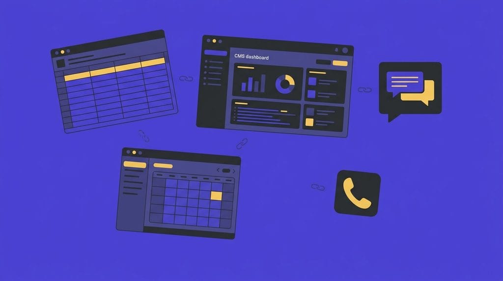 Illustration of digital dashboards, a calendar, chat bubbles, and a phone icon on a blue background, representing online communication and management tools.