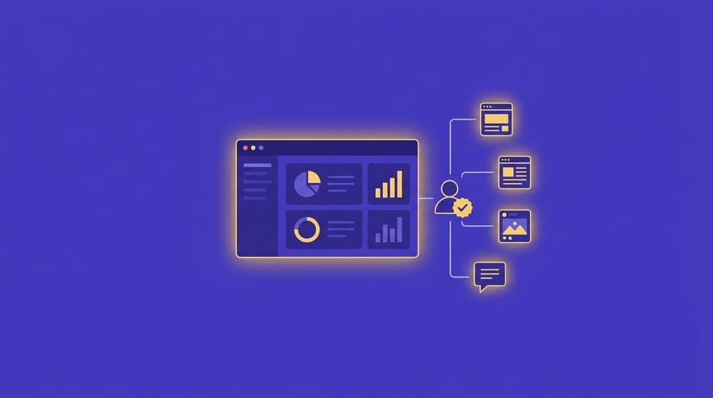 A digital dashboard with charts is connected by lines to icons representing documents, images, and messages, on a blue background.