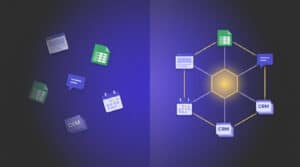 Two panels compare scattered business tools on the left with interconnected digital tools on the right, illustrating centralized integration.