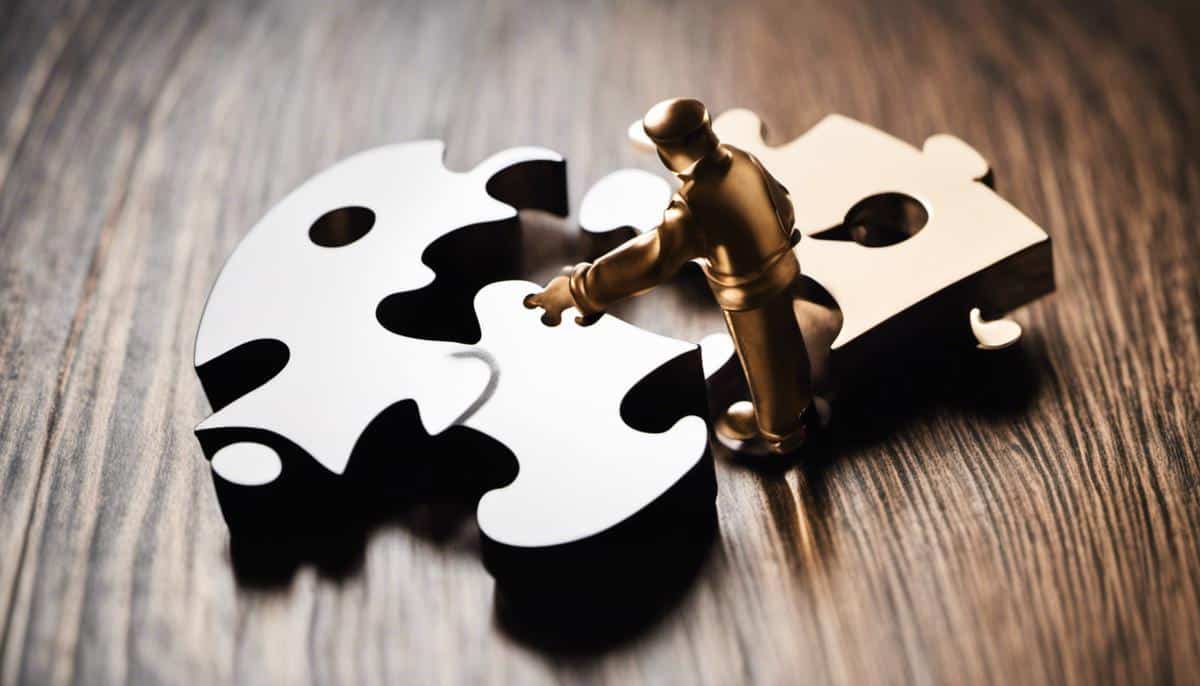 A man holding a puzzle piece on a wooden table.