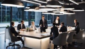 A group of business people sitting around a conference table.