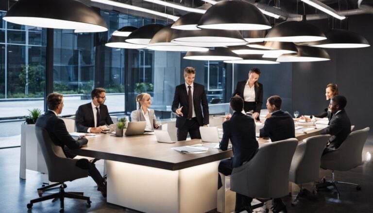 A group of business people sitting around a conference table.