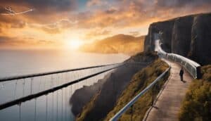 A man is walking on a suspension bridge over the ocean.