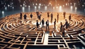 A group of business people standing in a labyrinth.