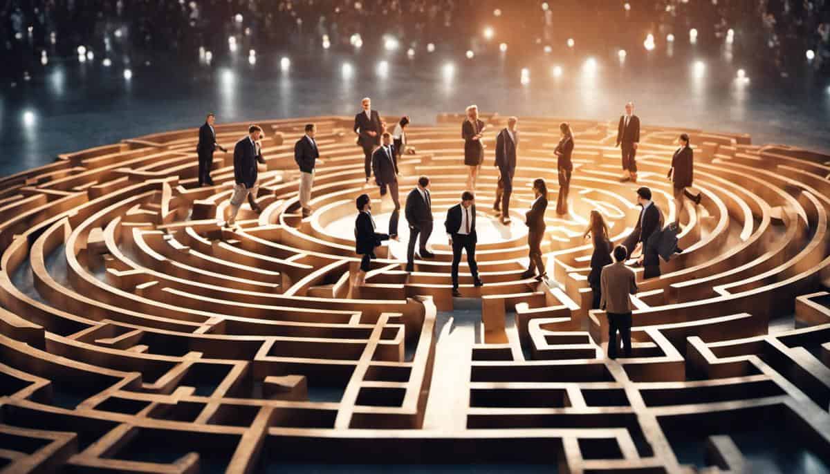 A group of business people standing in a labyrinth.
