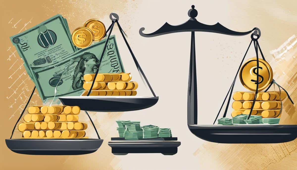 Illustration of hands holding scales with money and numbers, representing the measurement and evaluation of change management metrics.