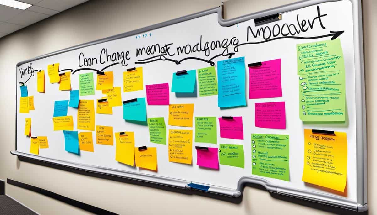 A visual representation of different change management models displayed on a whiteboard with markers and sticky notes.