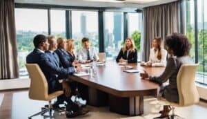 A group of business people sitting around a conference table.