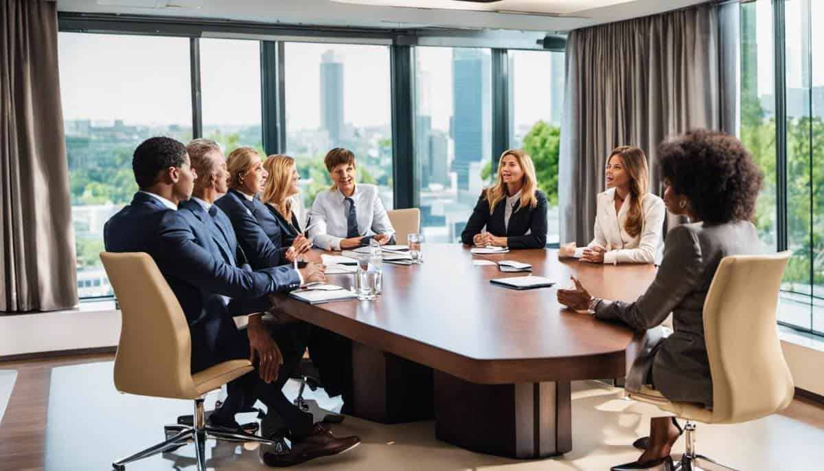 A group of business people sitting around a conference table.