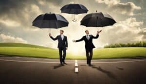Two businessmen holding umbrellas on a road.