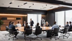 A group of business people in a conference room.