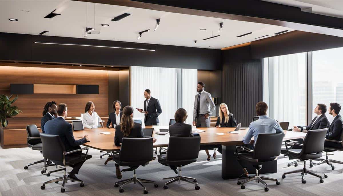 A group of business people in a conference room.