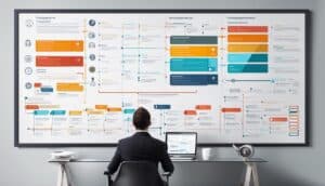 A man sitting at his desk looking at a flow chart.