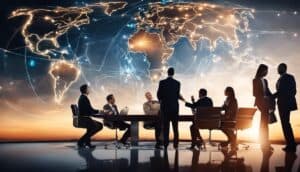 A group of business people sitting around a table in front of a world map.