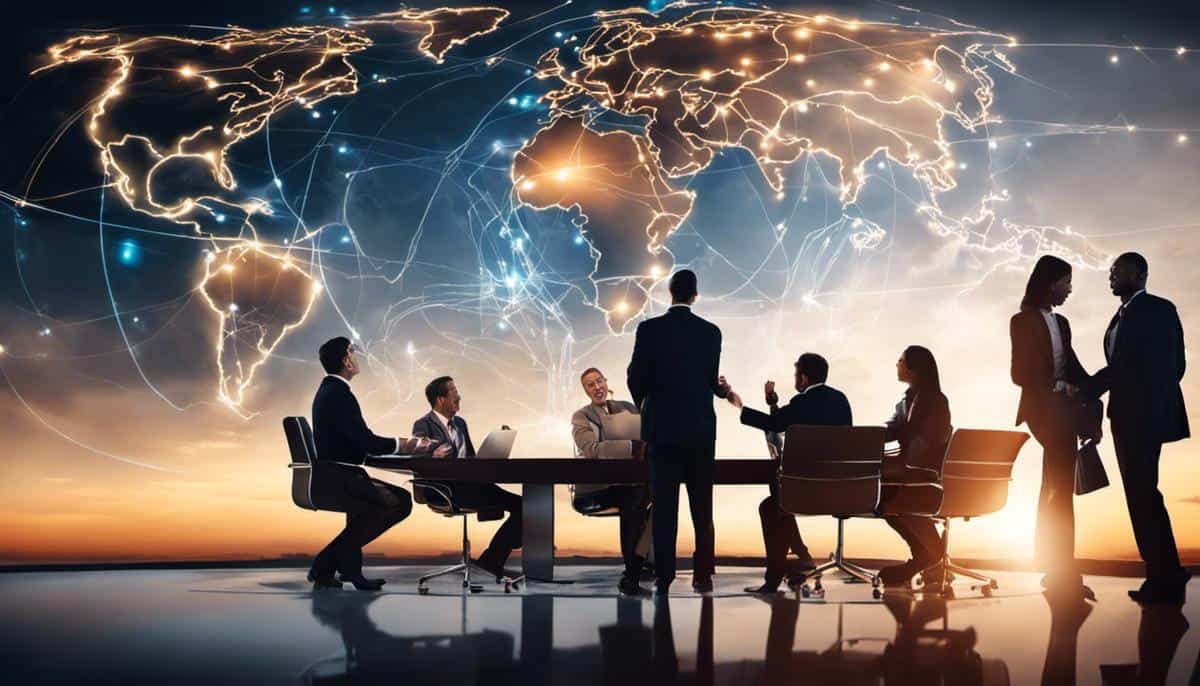 A group of business people sitting around a table in front of a world map.
